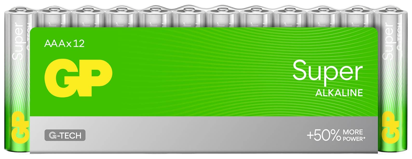 Paket od 12 AAA-baterija marke GP Super Alkaline. Zelena ambalaža sa srebrnim rubom, naglašava visoku učinkovitost i kapacitet.