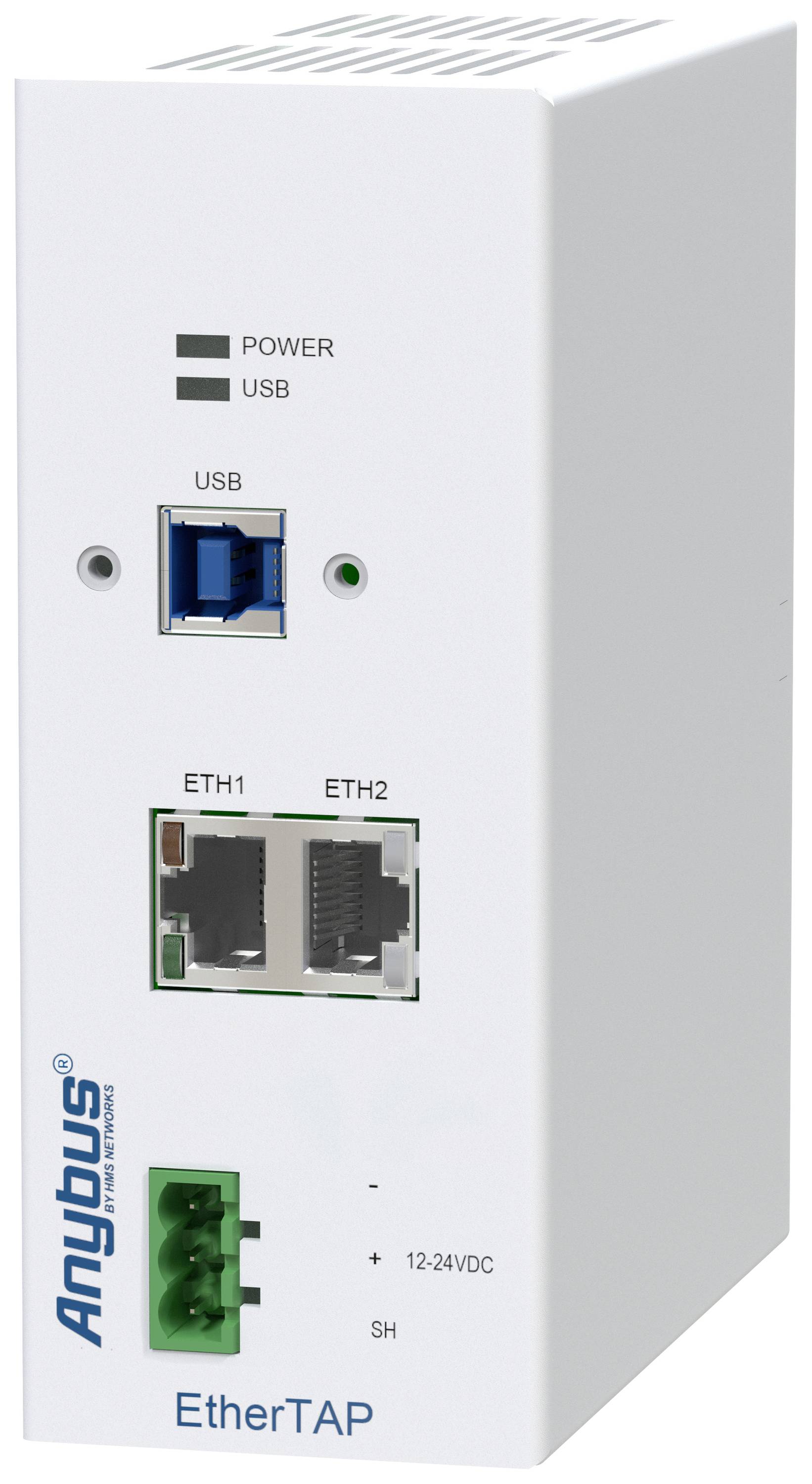 Uređaj EtherTAP s USB i Ethernet sučeljima. Posjeduje dva Ethernet porta ETH1 i ETH2 te priključak za napajanje.