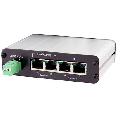Mrežni uređaj s četiri Ethernet porta, zelenim napajanjem i LED statusnom trakom za prikaz povezanosti i aktivnosti.