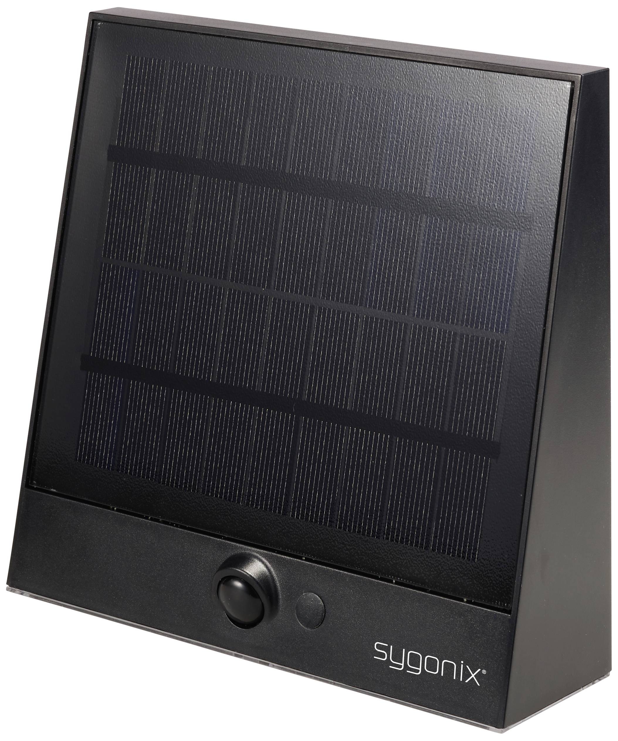 Solarna vanjska rasvjeta s pravokutnim solarnim panelom i senzorom pokreta. Marka 'sygonix'.