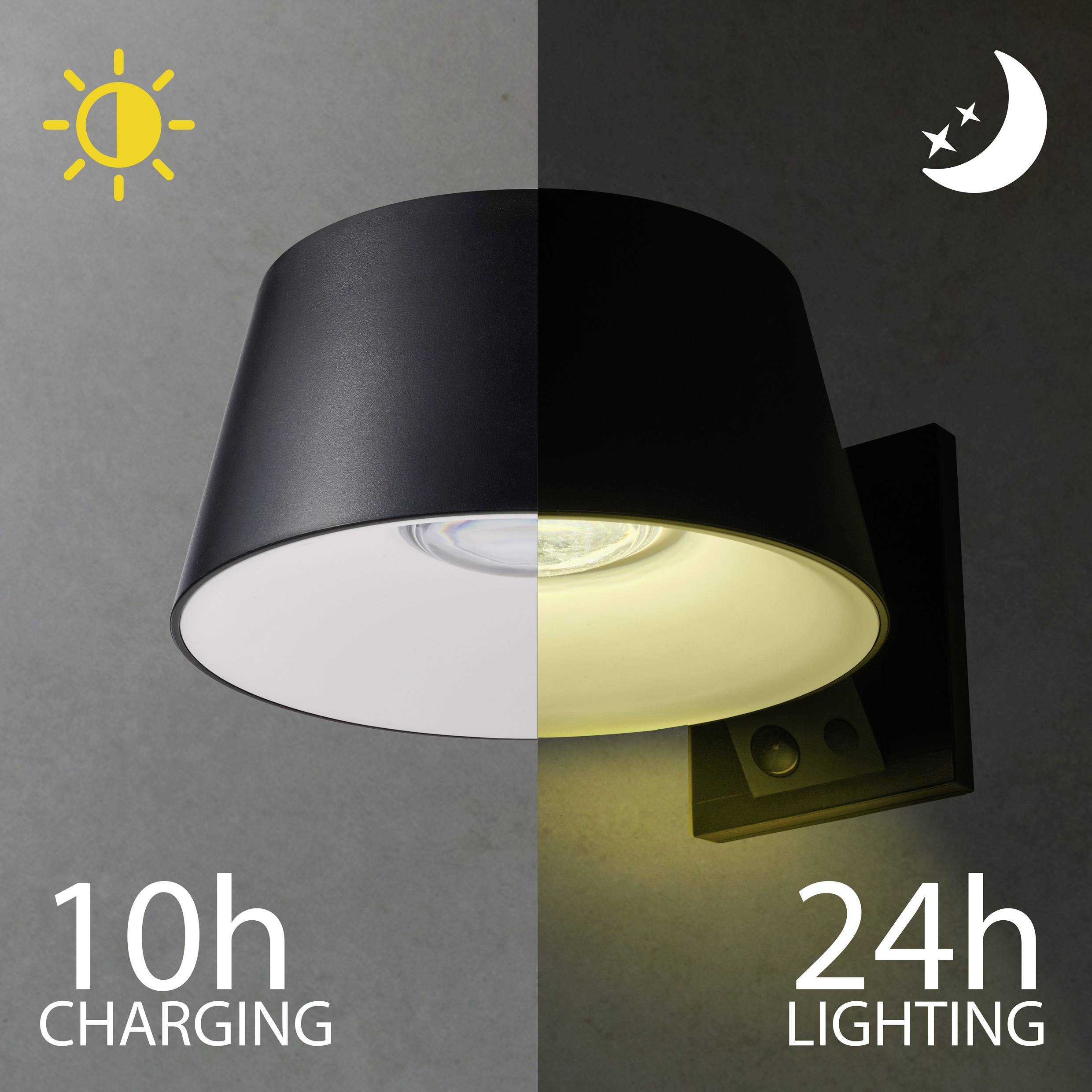 "Vrijeme punjenja 10 sati, osvjetljenje 24 sata." Na slici je prikazana lampa koja se tokom dana puni, a noću svijetli.
