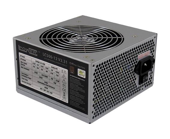 Srebrno računalno napajanje s ventilatorom i naljepnicom. Prikazuje model broj LC500-12 V2.31. Sadrži tehničke specifikacije na stranici.