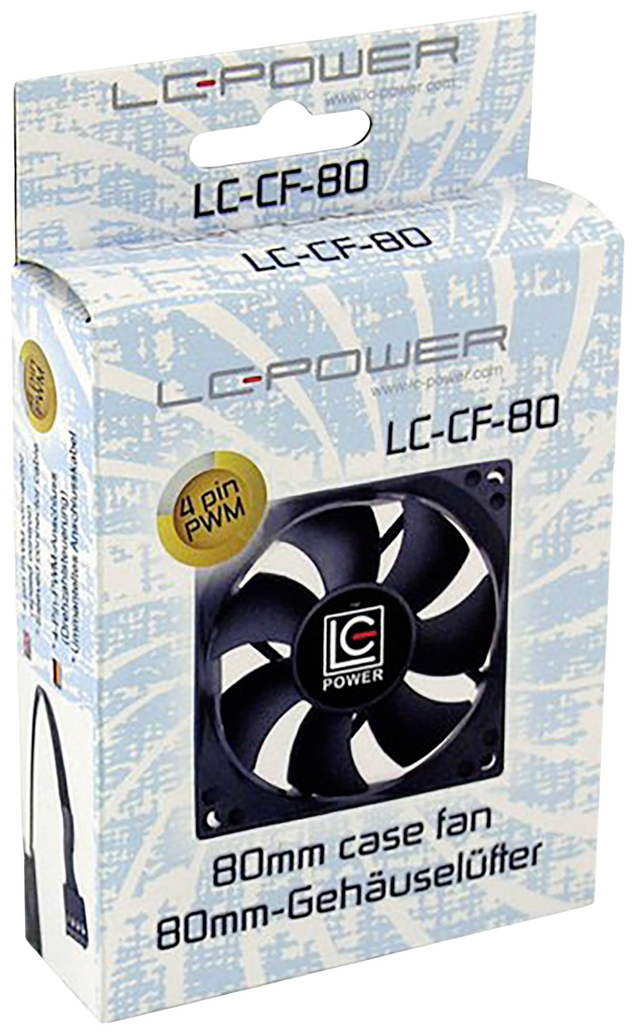 Ambalaža prikazuje 80mm kućišni ventilator od LC-Power s 4-pinskim PWM priključkom.