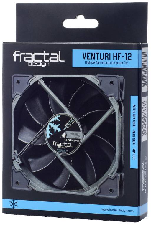 "Fractal Design Venturi HF-12" u crnoj ambalaži, prikazuje visokokvalitetni računalni ventilator.