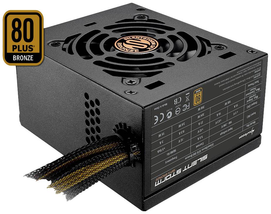 Crni PC napajanje '80 Plus Bronze', s rešetkom ventilatora i nekoliko kabela za napajanje računalnih komponenti.