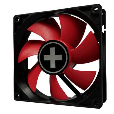 Crveni računalni ventilator s crnim okvirom i bijelim plus znakom u sredini, blago nagnjen prema kameri.
