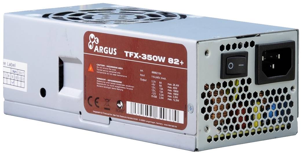 Napajanje Argus TFX-350W 82+ s ventilatorom, uključivačem/isključivačem i mrežnim priključkom, prikladno za PC kućišta, energetski učinkovito.