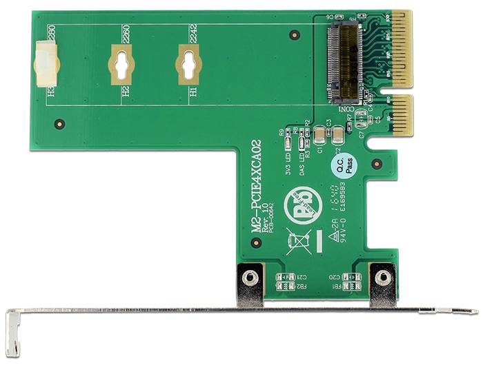 Adapter kartica s PCIe priključkom za integraciju M.2 SSD-ova u stolna računala. Sadrži oznake za detalje priključaka.