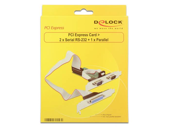 Slika ambalaže Delock PCI Express kartice s 2 x Serial RS-232 i 1 x Paralelnim priključkom. Prikazuje karticu i priključne kablove.