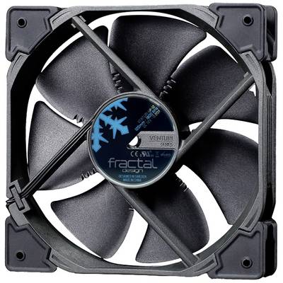 Crni računalni ventilator s pet krila, označen natpisom 'Fractal Design' u sredini. Kvadratnog oblika sa zaobljenim rubovima.