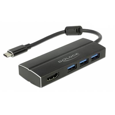 USB-C na HDMI adapter s tri USB priključka, oznake 'DeLOCK', za povezivanje više uređaja s računalom.
