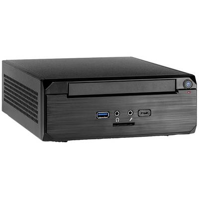 Kompaktan, crni mini-PC s nekoliko priključaka na prednjoj strani, uključujući USB priključke, priključak za slušalice i SD kartični utor.