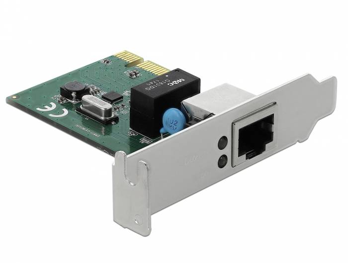 Mrežna kartica sa zelenom pločicom tiskane elektronike i srebrnim metalnim utikačem. Sadrži elektroničke komponente i RJ-45 priključak.