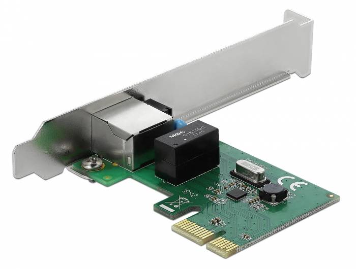 Zelena mrežna kartica s PCIe priključkom, velikim RJ-45 portom i nekoliko elektroničkih komponenata, uključujući kondenzator.