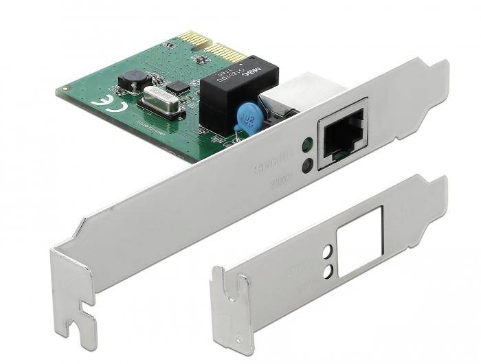 Zelena mrežna kartica s Ethernet priključkom i dva metalna nosača za učvršćivanje u kućištu računala.