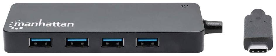USB-hub s četiri plava USB 3.0 priključka i USB-C povezivačem, pogodan za proširenje mogućnosti priključivanja na računalima.
