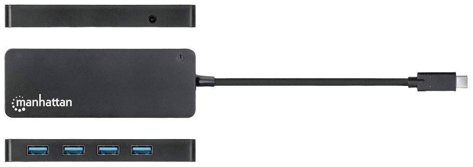 Pravokutni USB-C hub s tri USB 3.0 porta s jedne strane i HDMI portom na drugoj strani. Natpis marke 'manhattan'.