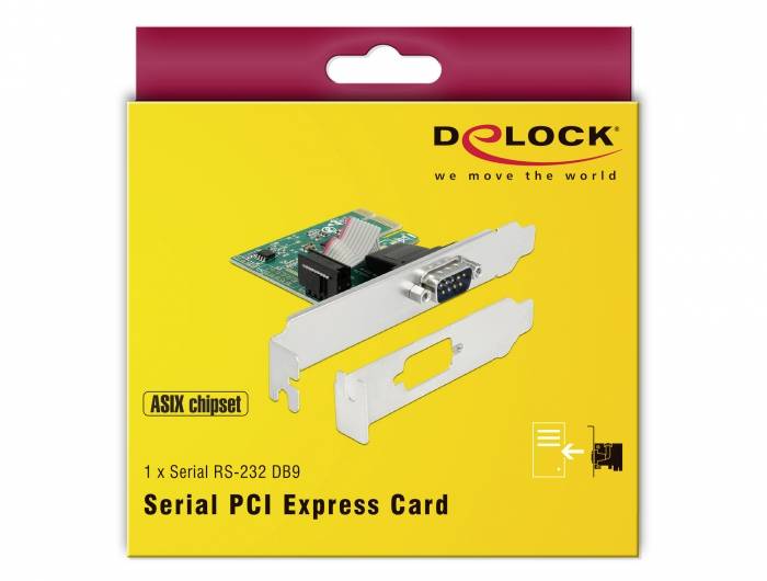 Pakiranje 'Serial PCI Express kartice' tvrtke DeLock s prikazom kartice i napomenom o 'ASIX čipset', '1 x Serijski RS-232 DB9'.