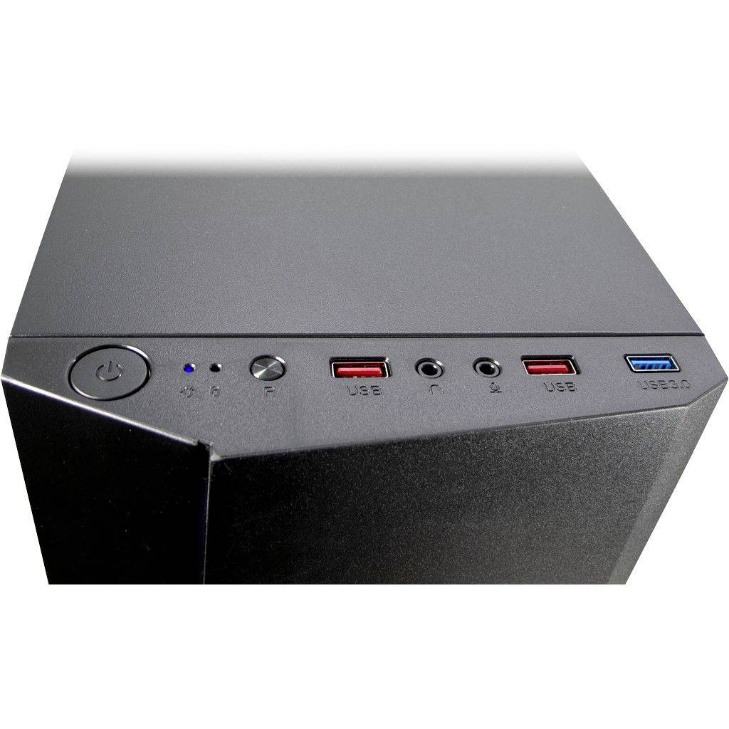 Crni računalni okvir u bliskom kadru, prikazuje tipku za uključivanje, dva USB 3.0 porta, jedan USB 2.0 port i audio priključke na prednjoj strani.