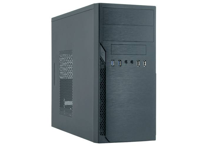 Crno kućište računala s nekoliko USB priključaka na prednjoj strani, bez vidljivog oznake marke.
