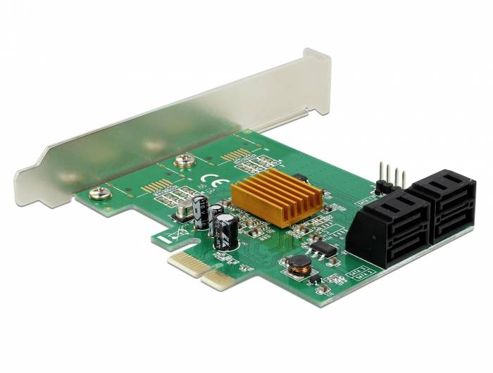 Zelena PCIe kartice s četiri crna SATA priključka i zlatnim hladnjakom, pogodna za povezivanjehard diskova.
