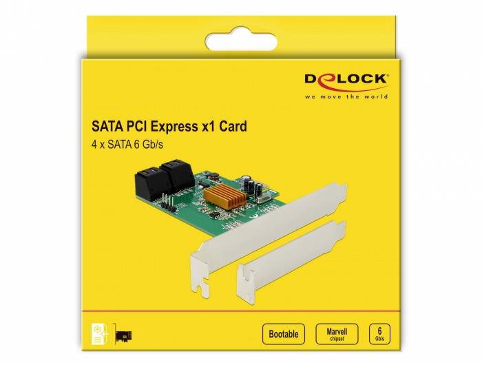 Ambalaža 'DELOCK SATA PCI Express x1 Kartice'. Prikazuje karticu s 4 SATA 6 Gb/s priključka i dvije montažne trake.