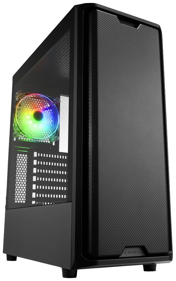 Crno kućište računala s vidljivim ventilatorom koji svijetli u RGB bojama. Idealno za gaming računala i individualne konfiguracije.