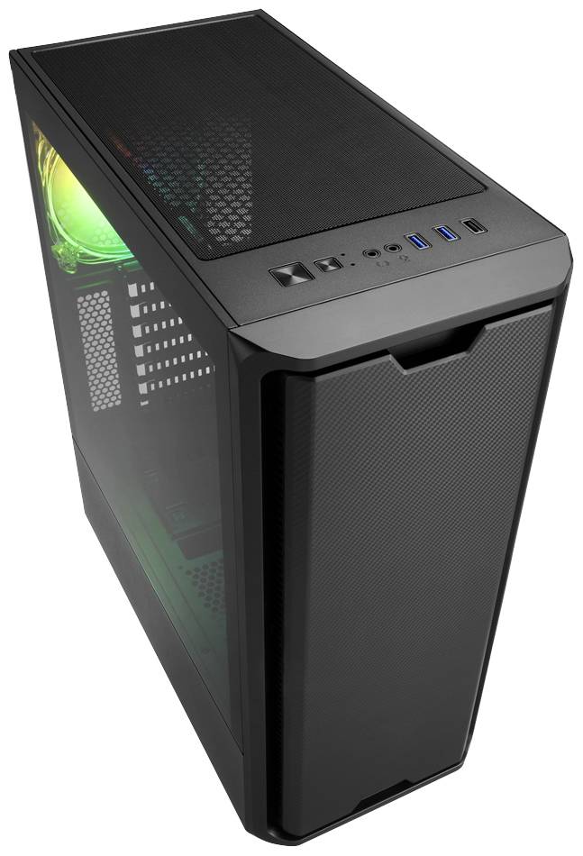 Crno kućište računala s osvjetljenim ventilatorom. Kućište ima USB i audio priključke na vrhu.