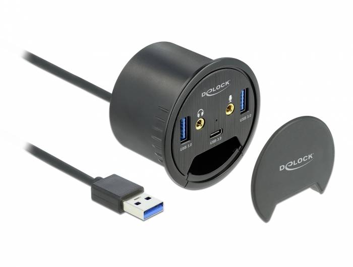 Crni okrugli USB hub za radne stolove s USB 3.0, audio priključcima i USB-C priključkom. Na poklopcu prikazana marka Delock.