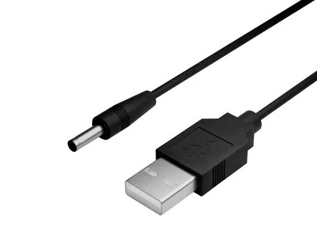 Crni USB kabel s USB utikačem na jednoj strani i malim cilindričnim utikačem na drugoj strani.