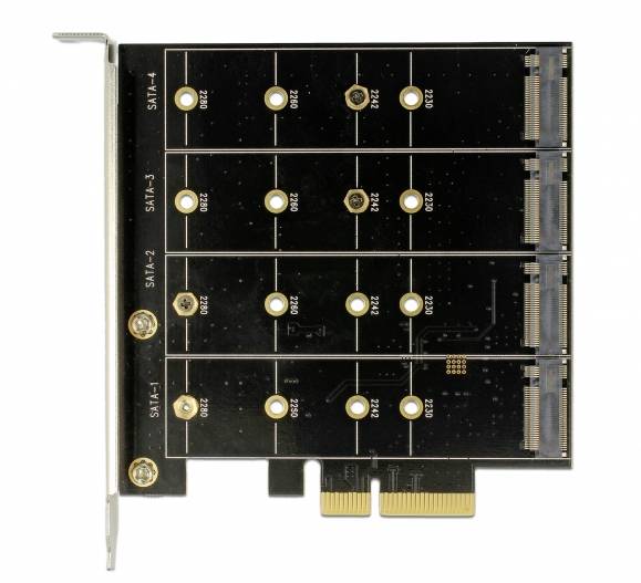 PCIe proširna kartica za M.2 SSD-ove, nudi utore za četiri SATA SSD-a. Podesiva za proširenje pohrane u računalima.