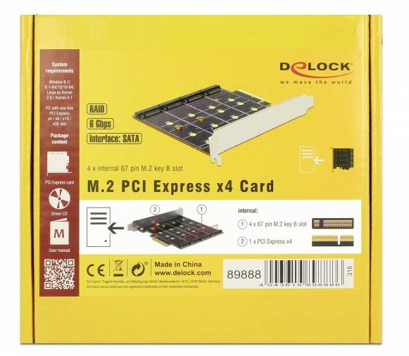 Delock M.2 PCI Express x4 Kartica: Ambalaža: Sistemski zahtjevi, slika proizvoda i napomena 'Napravljeno u Kini' na žutoj pozadini.