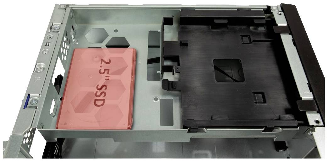Metalni okvir računalnog kućišta koji prikazuje 2,5-inčni SSD disk smješten u predviđenom utoru.