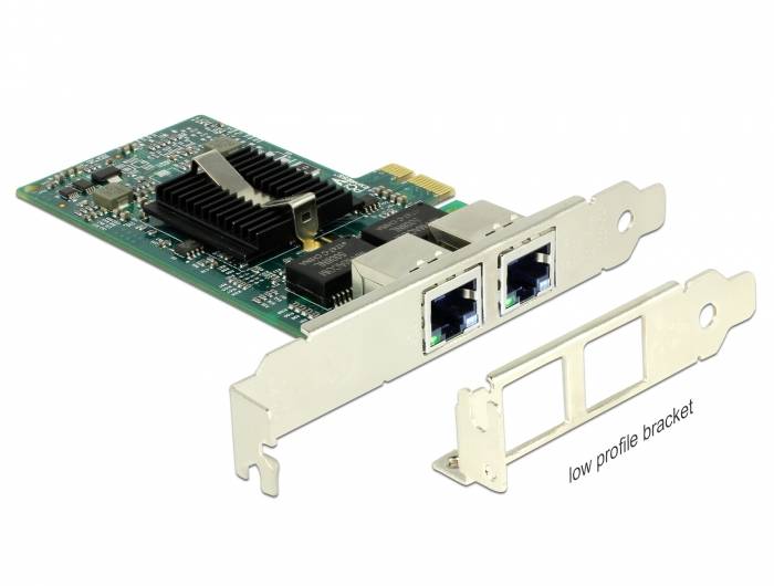 Mrežna kartica s dva Ethernet priključka, s hladnjakom. U prvom planu izmjenjiva poklopnica za različite veličine kućišta.
