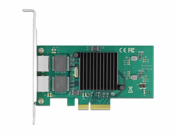 Zelena mrežna kartica s dva Ethernet priključka i crnim radijatorom na bijeloj pozadini, s CE i FC oznakama.