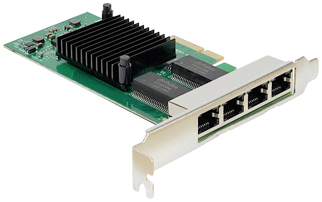 Mrežna kartica s četiri Ethernet porta i hladnjakom s lijeve strane, podesna za povezivanje računala u mrežu.