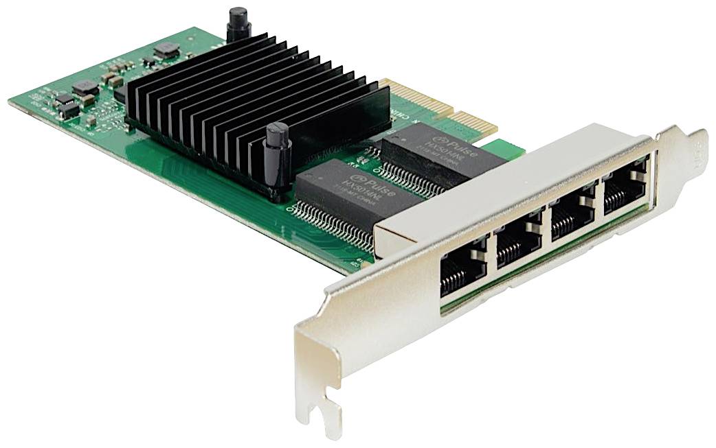 Mrežna kartica s četiri Ethernet porta i hladnjakom na zelenoj pločici, pogodna za proširenje računala.