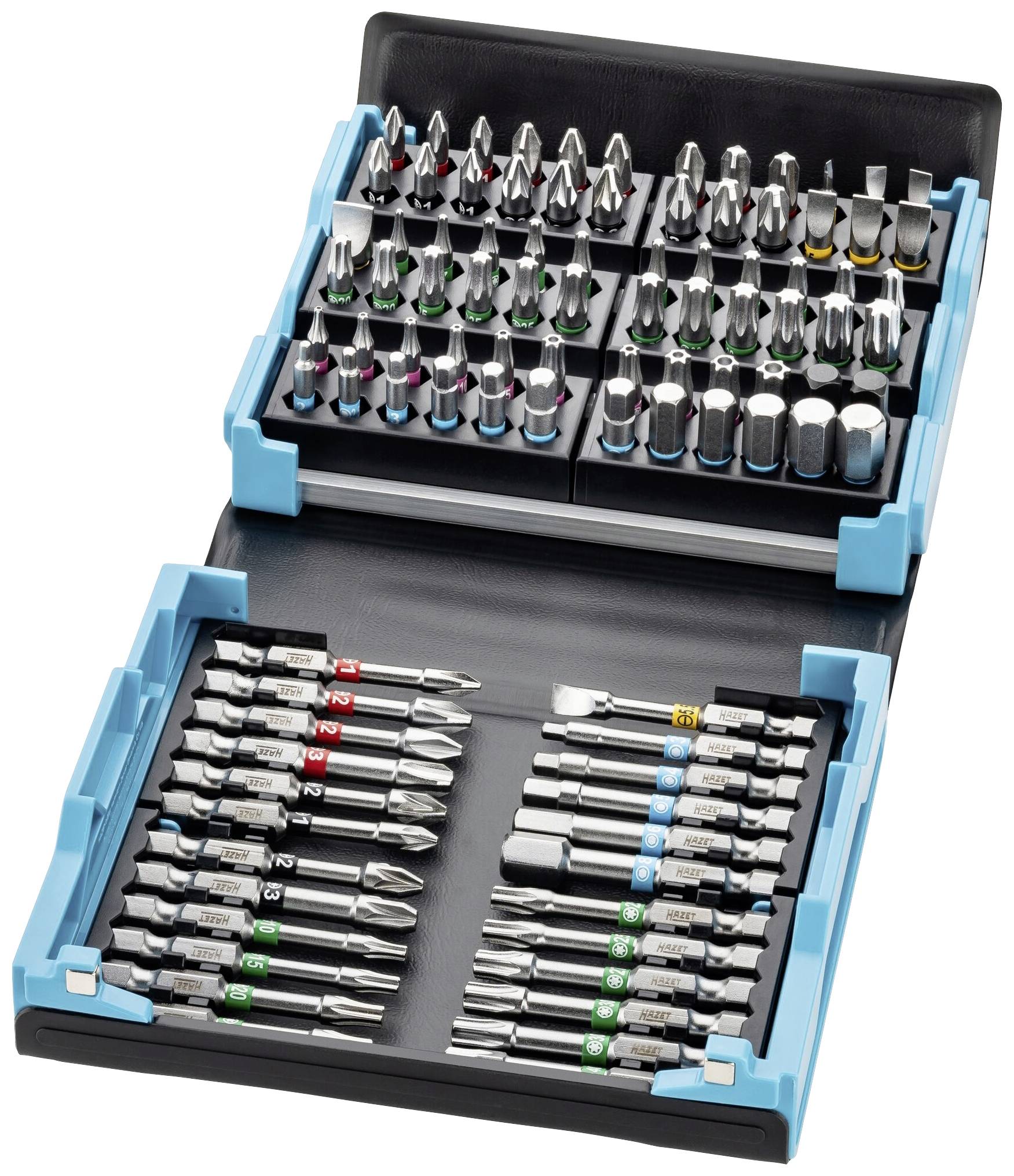 Otvoreni plastični etui prikazuje 108-dijelni set različitih bitova za odvijače namijenjenih različitim vrstama glava vijaka.