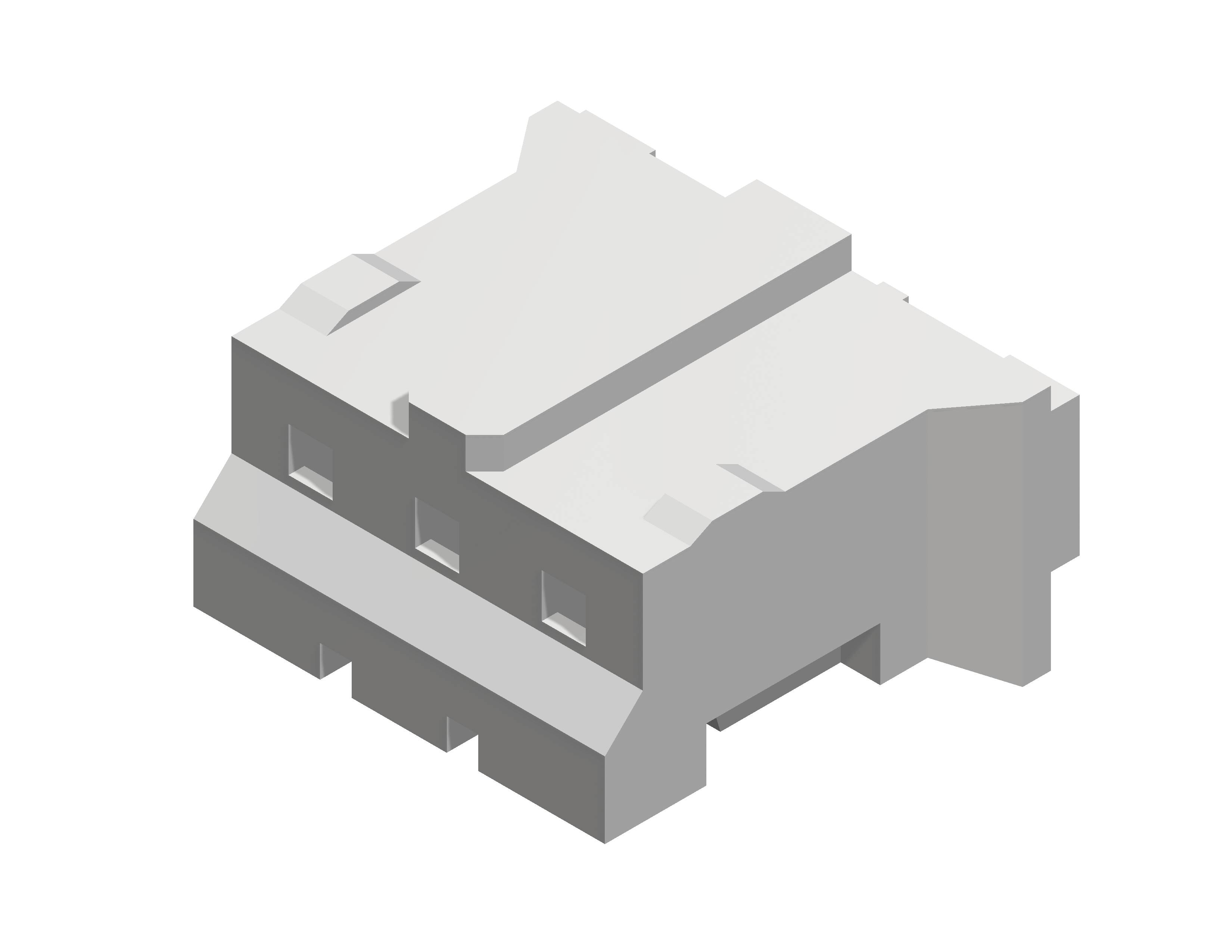 Siva, pravokutna 3D-objekta s naglašenim rubovima i ravnim površinama. Vjerojatno tehnički dio.