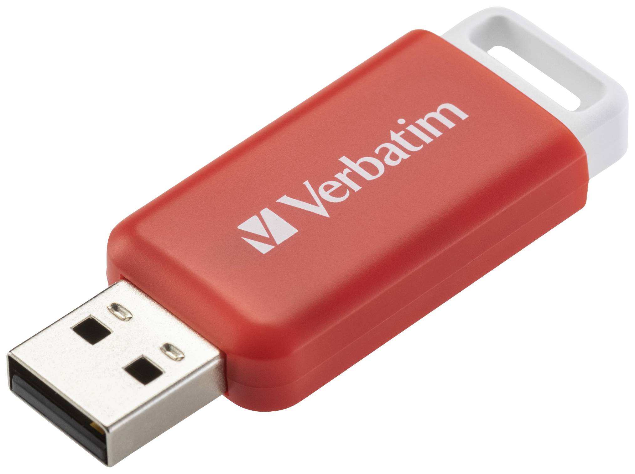 Crveni USB stick s natpisom 'Verbatim' na bijeloj pozadini.