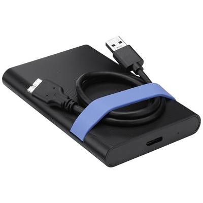Vanjski crni vanjski tvrdi disk s dva USB kabela za povezivanje. Jedan kabel ima plavi organizator kabela.