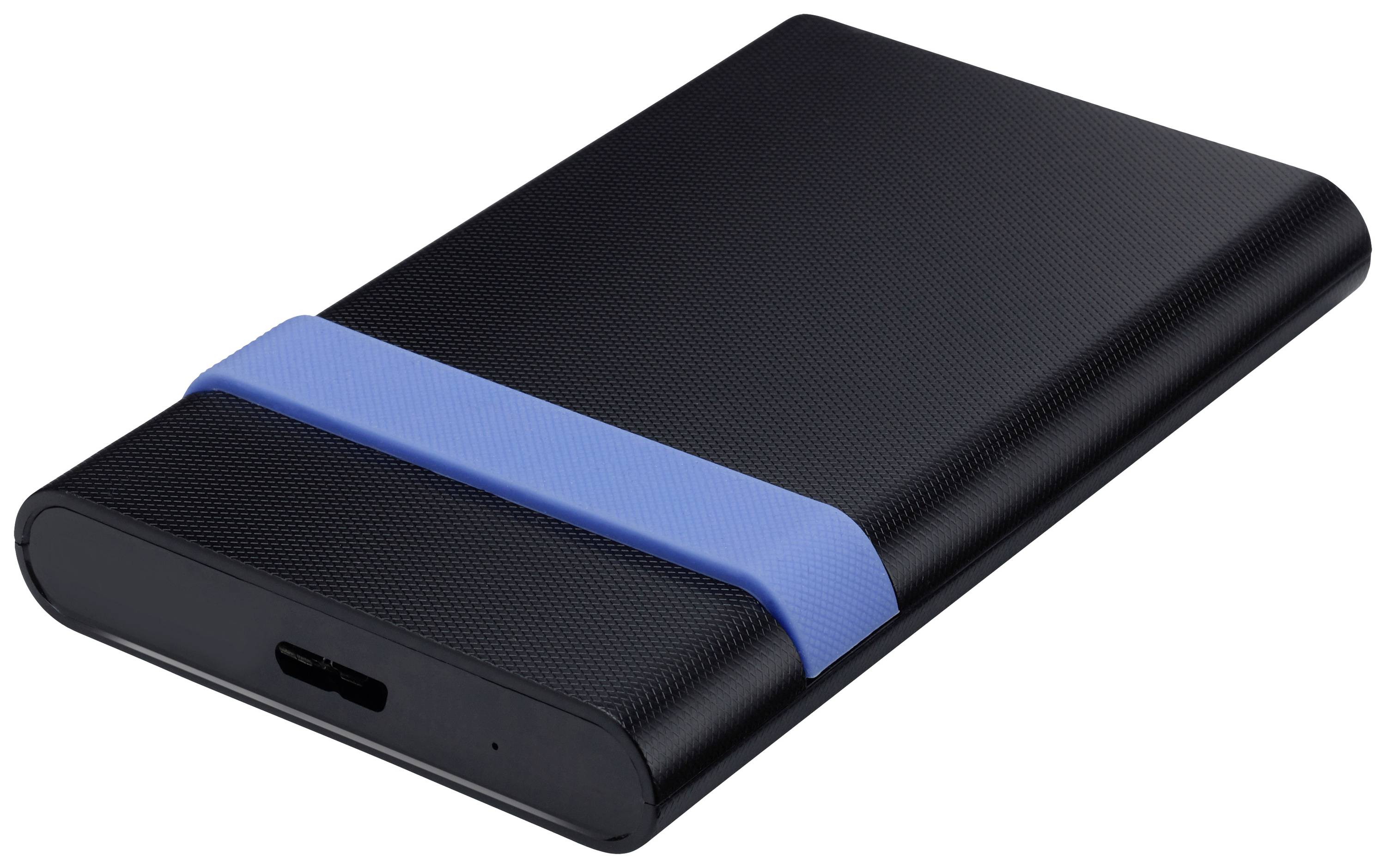 Vanjski crni tvrdi disk s plavim silikonskim ovitkom, USB-C priključak vidljiv.