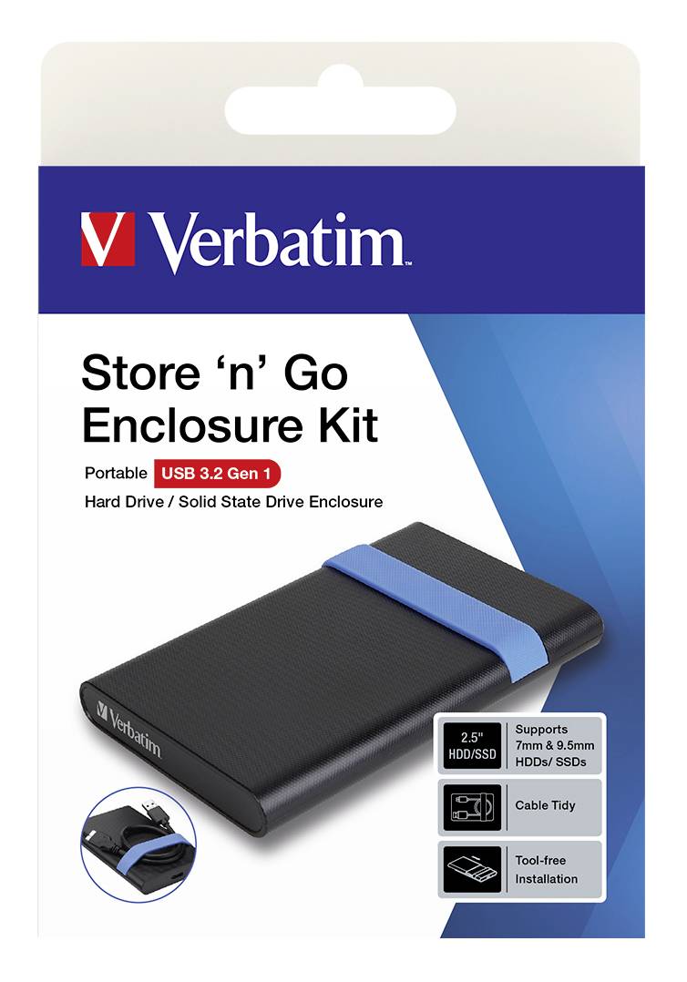 Ambalaža 'Verbatim Store 'n' Go Enclosure Kit' prikazuje prijenosno kućište za 2,5" HDD/SSD, USB 3.2 Gen 1, instalacija bez alata.