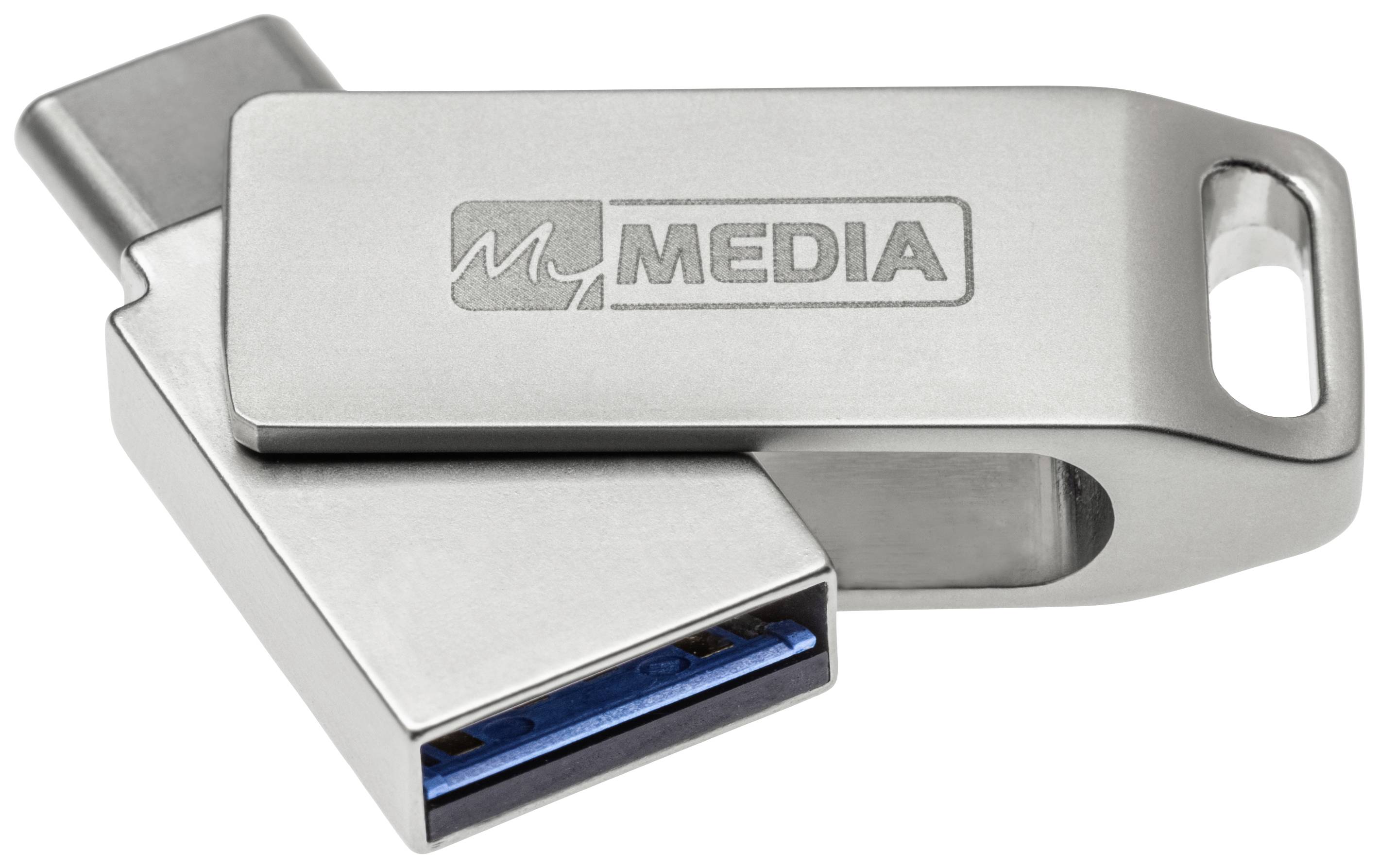 Srebrni USB stick s logotipom 'MEDIA', kombiniran s USB-A i USB-C priključcima za raznovrsne mogućnosti povezivanja.