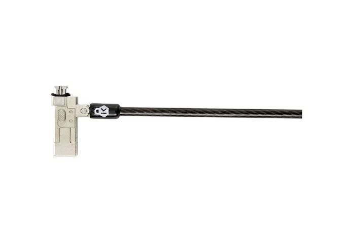 Srebrenkasti sigurnosni kabel s bravom, namijenjen osiguravanju elektroničkih uređaja, izrađen od čvrstog i fleksibilnog kabela.