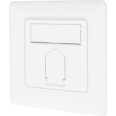 Bijeli zidni panel u obliku kvadrata s praznim provrtima, namijenjen prilagodljivim modularnim sklopkama ili utičnicama.