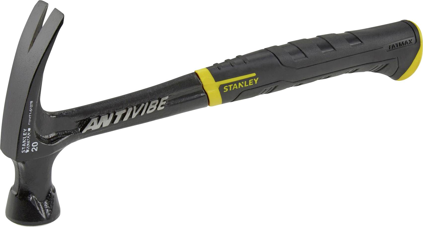 Schwarzer Stanley 'Antivibe' čekić sa žutim naglaskom, metalna glava sa čekićem, ergonomska drška.