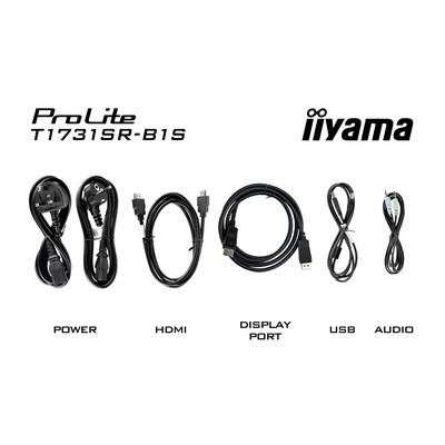 'Slika uređaja iiyama ProLite T1731SR-B1S monitora. Prikazuje priključne kablove: napajanje, HDMI, DisplayPort, USB, Audio.'