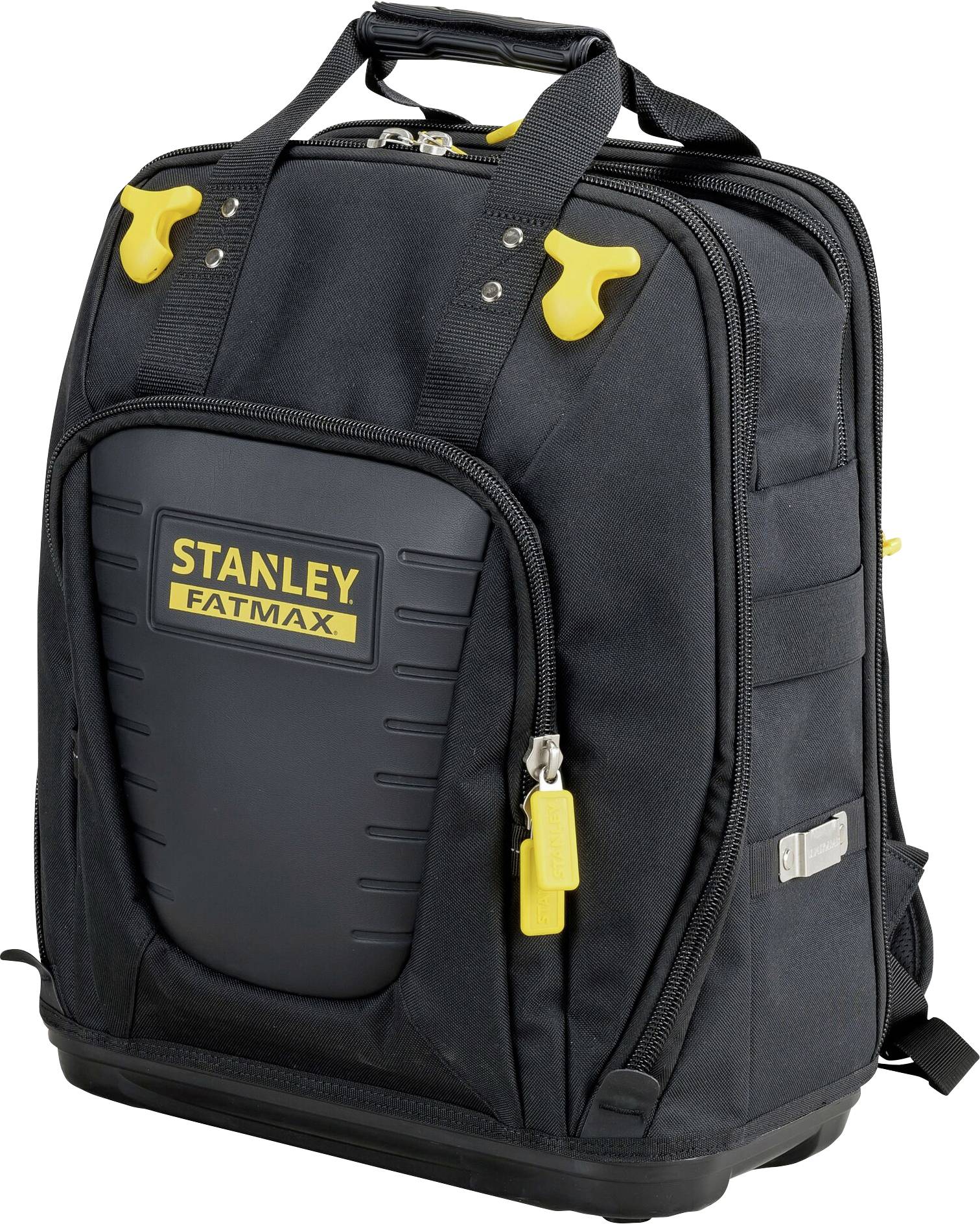 Schwarzer Stanley Fatmax ruksak za alat s žutim naglascima i nekoliko pregrada za alat.