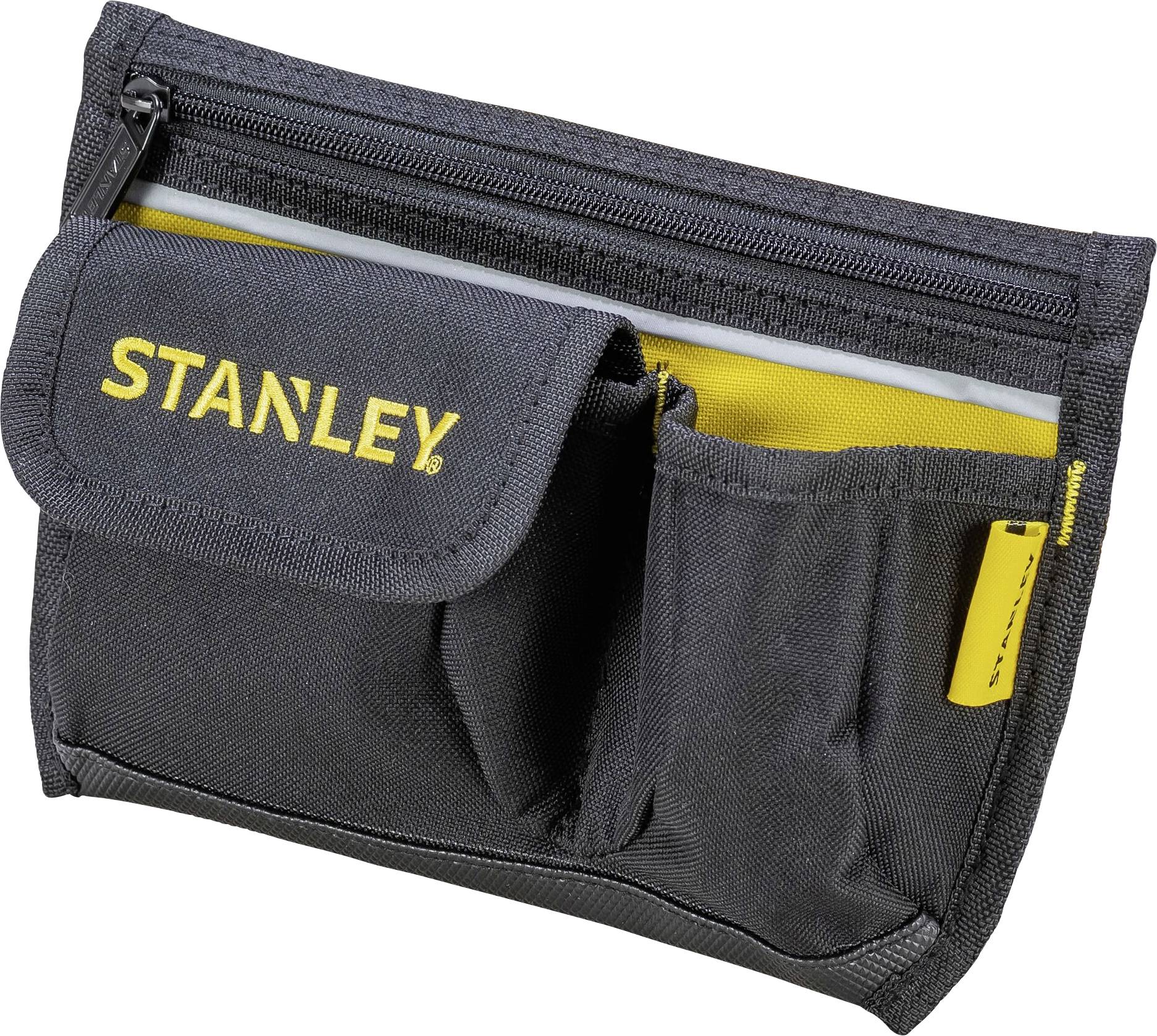 Crna torba za alat sa žutim 'Stanley' logom, zatvaračem i nekoliko malih vanjskih džepova za pohranu alata.
